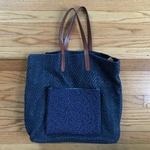 Anthropologie Beaded & Woven Navy Tote Bag